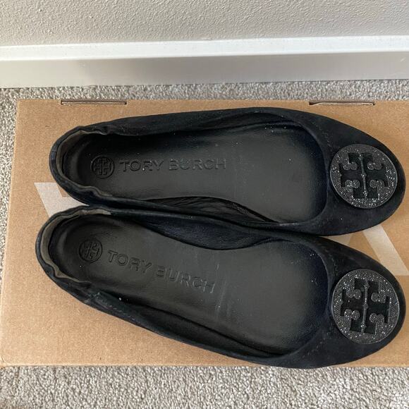 Tory Burch Black Minnie Suede Pave Medallion Flats (6) - Picture 3 of 9